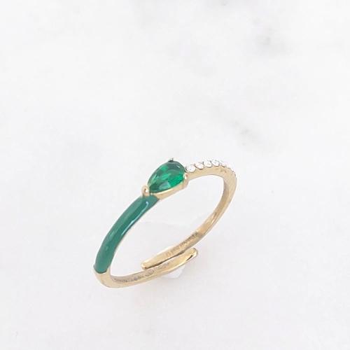 Bague fine en acier inoxydable en email vert et brillants et au centre un diamant poire vert