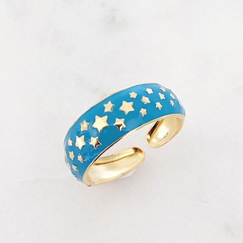 Bague en acier inoxydable dorée avec motifs étoiles émail bleu turquoise