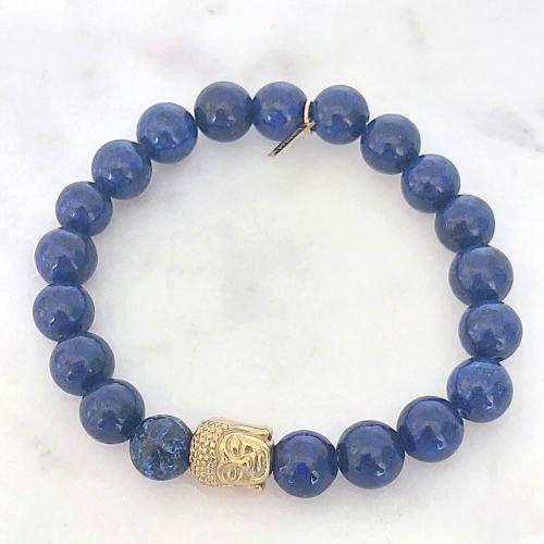 Mile Mila - Bracelet élastique en perles naturelles Lapis lazuli orné d'une perle en acier inoxydable dorée tête de Buddha