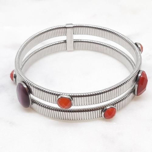 Bracelet élastique en acier inoxydable argenté avec cabochons de couleur rouge bordeaux